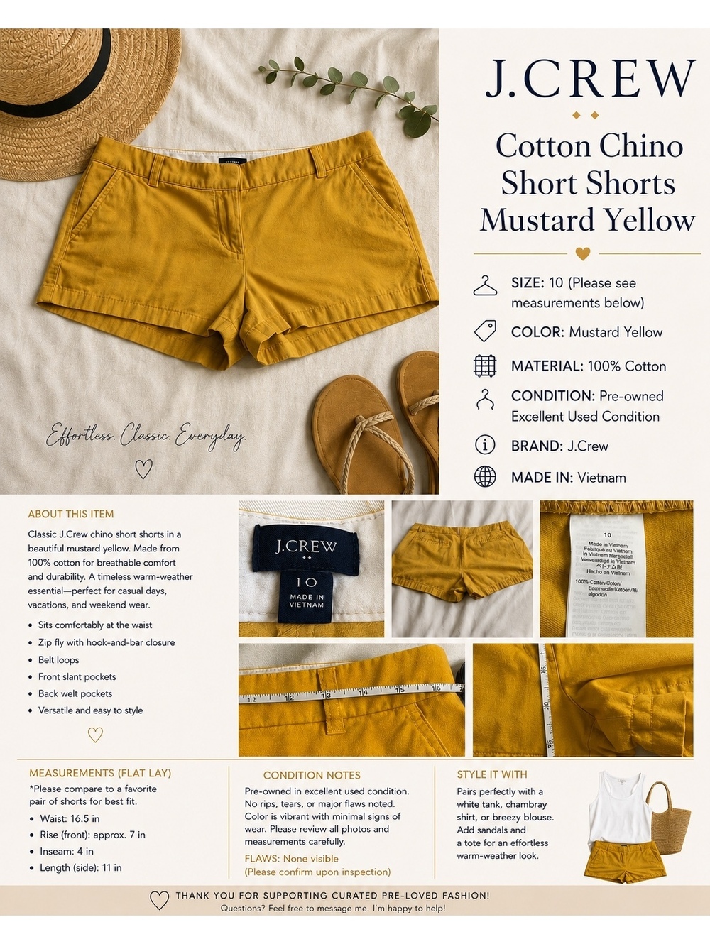 J.Crew Women’s Size 10 Mustard Yellow Cotton Chino Short Shorts